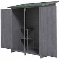 Outsunny Garden Wood Storage Shed w/Storage Table, Asphalt Roof, Double Door Lockable Sheds & Outdoor Storage Tool Organizer, 128 x 69 x 160cm, Grey