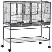 PawHut Wide Large Metal Bird Cage for Finch Canaries Parakeets Cockatiels with Rolling Stand, Removable Metal Tray, Storage Shelf, Wood Perch