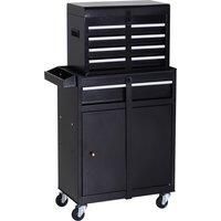 DURHAND Tool Chest 2 in 1 Metal Tool Cabinet Storage Box with 5 Drawers Pegboard Wheels 60x28x104.5cm Black