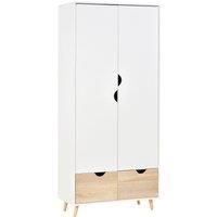 2-Door Clothes Wardrobe w/ Rail Shelf 2 Drawers Wood Feet Home Storage White