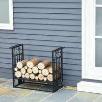 HOMCOM Vintage Style Powder Coated Steel Firewood Log Rack Holder w/ Shovel Broom Poker Tong Tools Hooks Indoor Outdoor Home Storage Black