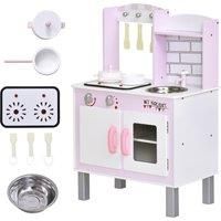 HOMCOM Kids Kitchen Play Set Wooden Pretend Play Toy w/ Sounds Utensils Pans Storage Child Role Play Accessories for 3 Years+ Pink