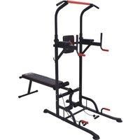 Home Workout Power Tower Dip Station w/ Sit-up Bench Push-up Bars Tension Ropes