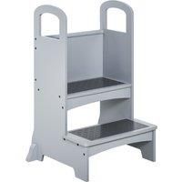 HOMCOM Kitchen Helper Step Stool with 2 Steps & Handles Suitable for Children Learning Tower for Kids and Toddlers, Footstool, Grey