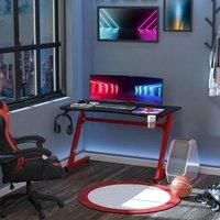 Gaming Desk Steel Frame w/ Cup Headphone Holder Adjustable Feet Red