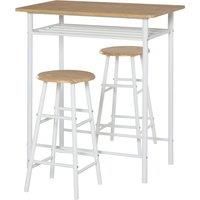 HOMCOM Bar Table Set, Bar Set1 Bar Table and 2 Stools with Metal Frame Footrest and Storage Shelf for Kitchen, Dining Room, Pub, Cafe, White and Oak