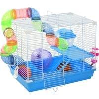 Pawhut 2 Tier Hamster Cage Carrier Habitat Small Animal House with Exercise Wheels Tunnel Tube Water Bottle Dishes House Ladder for Dwarf Mice, Blue