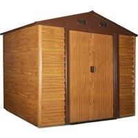 Outsunny 9 x 6.5 ft Metal Garden Storage Shed Apex Store for Gardening Tool with Foundation and Ventilation, Brown with Wood Grain