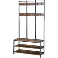 HOMCOM Coat Rack Stand, Free Standing Hall Tree, Coat Stand with Hooks, Bench and Shoe Rack, 100cm x 40cm x 184cm, Rustic Brown and Black