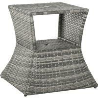 Outsunny Outdoor Patio Rattan Wicker Coffee Table Bistro Side Table w/ Umbrella Hole and Storage Space, Grey