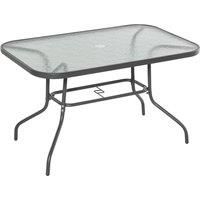 Outsunny Glass Top Garden Table Curved Metal Frame w/ Parasol Hole 4 Legs Outdoor Balcony Sturdy Friends Family Dining Table Grey