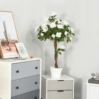 Outsunny 90cm/3FT Artificial Rose Tree Fake Decorative Plant w/ 21 Flowers Pot Indoor Outdoor Faux Decoration Home Office Dcor White & Green