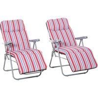 Outsunny Set of 2 Garden Sun Lounger Outdoor Reclining Seat Cushioned Seat Foldable Adjustable Recliner Red and White