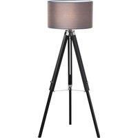 HOMCOM Modern Tripod Stand Floor Land Lamp with Wood Leg Adjustable Height Fabric Lampshade for Living Room, Bedroom, Office, Grey and Black