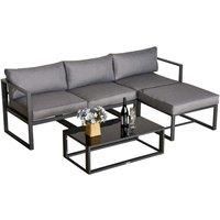 Outsunny 5 Pieces Outdoor Patio Furniture Set, Sofa Couch with Glass Coffee Table, Cushioned Chairs and Metal Frame, for Balcony Garden Backyard, Grey
