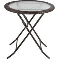 Outsunny Folding Round Tempered Glass Metal Table with Brown Rattan Edging