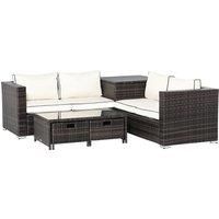 Outsunny 4-Seater Rattan Garden Furniture Patio Sofa Storage & Table Set w/ 2 Drawers Coffee Table & Corner Sofa - Brown