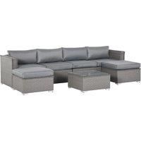 Outsunny 6-Seater PE Rattan Garden Corner Sofa Set Outdoor Wicker Conservatory Furniture Patio Tea Table Footstool, Grey