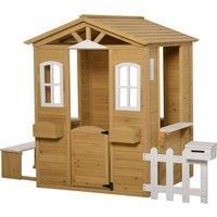 Outsunny Wooden Playhouse for Outdoor with Door Windows Mailbox Flower Pot Holder Serving Station Bench for Kids Children Toddlers Natural