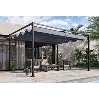 Outsunny 3.6 x 3(m) Outdoor Pergola Gazebo Retractable Canopy Garden Shelter Sun Shade Party with Curtains, Aluminum, Dark Grey
