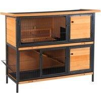 PawHut 2-Floor Wooden Rabbit Hutch Bunny Cage Metal Frame Pet House with Slide-Out Tray Feeding Trough Ramp Lockable Door Openable Roof