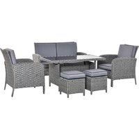 Outsunny 6-Seater Outdoor Patio Rattan Dining Table Sets All Weather PE Wicker Sofa Furniture Set for Backyard Garden w/ Cushions Grey