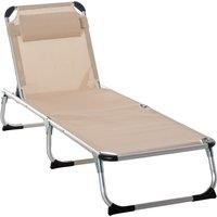 Outsunny Foldable Reclining Sun Lounger Lounge Chair Camping Bed Cot with Pillow 5-Level Adjustable Back Aluminium Frame Khaki