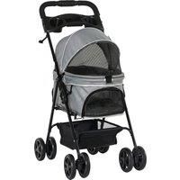 PawHut No-Zip Pet Stroller Dog Cat Travel Pushchair One-Click Fold Trolley Jogger with EVA Wheels Brake Basket Adjustable Canopy Safety Leash Grey