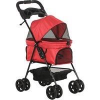 PawHut No-Zip Pet Stroller Dog Cat Travel Pushchair One-Click Fold Trolley Jogger with EVA Wheels Brake Basket Adjustable Canopy Safety Leash Red