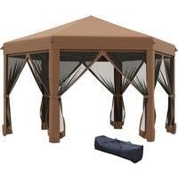Outsunny 3.2m Pop Up Gazebo Hexagonal Canopy Tent Outdoor Sun Protection with Mesh Sidewalls, Handy Bag, Brown