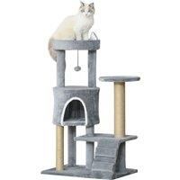 PawHut 100cm Cat Tree Tower Condo Multi Platform Kitty Cat Center with Climbing Ladder Scratching Post Hanging Toy Ball, Light Grey