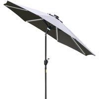 Outsunny 2.7m Garden Parasol Sun Umbrella Patio Summer Shelter w/ LED Solar Light, Angled Canopy Vent, Crank Tilt, Grey