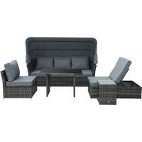 Outsunny 5-Seater Outdoor Rattan Garden Sofa Sets Reclining Sofa Adjustable Canopy & Side Dining Table Set, Mixed Grey