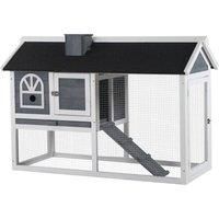 PawHut Rabbit Hutch Wood Bunny Cage Run Guinea Pig Hutch for Outdoor Indoor with Pull Out Tray Run Box Ramp Asphalt Roof for Small Animals Grey