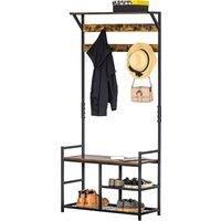 HOMCOM Coat Rack Stand Shoe Storage Bench with 9 Hooks Shelves for Bedroom Living Room Entryway Brown and Black 180cm