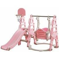 HOMCOM 3 in 1 Design Kids Swing and Slide Set with Basketball Hoop Toddler Playground Play Set Fun Climber Set Activity Center Play Equipment Pink