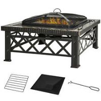 Outsunny 76cm Square Garden Fire Pit Square Table w/ Poker Mesh Cover Log Grate