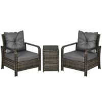 Outsunny 3 Piece PE Rattan Garden Sofa Set w/ 2 Chairs & Storage Table Grey