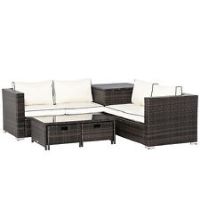 Outsunny 4Pcs Patio Rattan Sofa Garden Furniture Set Table w/ Cushions Brown