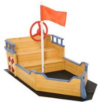 Outsunny Kids Wooden Sandbox Pirate Ship Sandboat w/ Bench Seat Storage Space