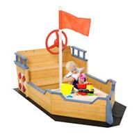 Outsunny Kids Wooden Sandbox Pirate Ship Sandboat w/ Bench Seat Storage Space