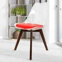 Clear Plastic Dining Chair with Squared Dark Wood Legs and Red seat pad - Soho