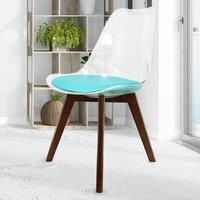 Clear Plastic Dining Chair with Squared Dark Wood Legs and Aqua seat pad - Soho