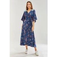 Navy Based Floral Print Maxi Wrap Dress with Blue Lace Details