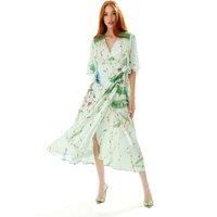 Bird Print Maxi Wrap Dress in Mint Green with Green Lace Details