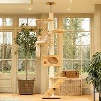 Cat Play Centre with Scratching Post, Hammock, Toys and Hideaway Cube, Beige, Multi-Level and Floor to Ceiling Design