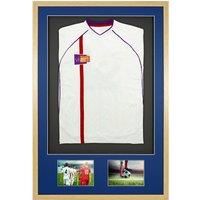 3D + Double Aperture Mounted Sports Shirt Display Frame with Oak Frame and Blue Mount 61 x 91.5cm