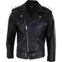 Mens Spike Hide Original Cross Zip Brando Biker Motorcycle Real Leather Jacket - Black 5XL