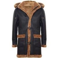 TruClothing Mens Genuine Shearling Sheepskin Duffle Coat WW2 UK Winter 3/4 Hood Brown Ginger - Brown Ginger XXL