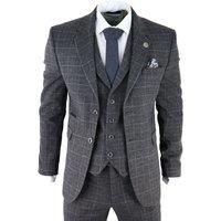 Mens Grey Tweed 3 Piece Suit Blue Check Vintage 1920s Gatsby Blinders Tailored Fit - Grey 48